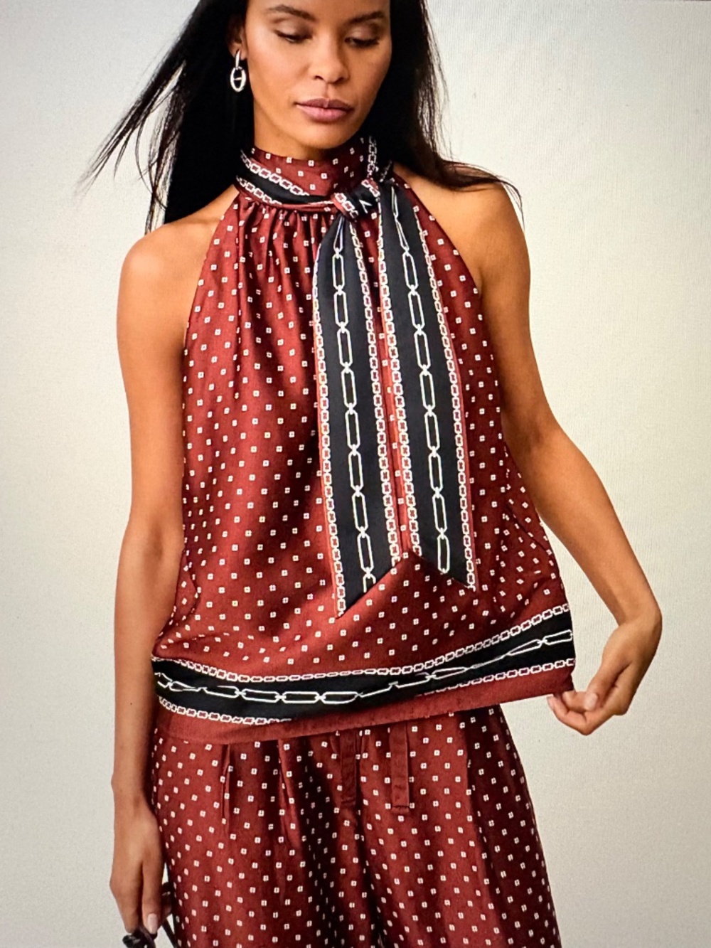 NWT Ann Taylor Geo Print Sleeveless Tie Neck Blouse
